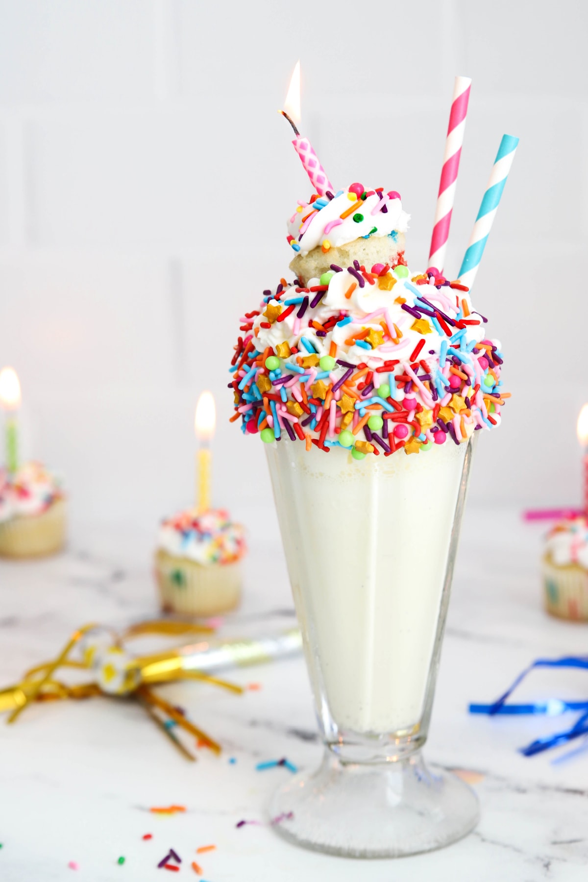 Birthday cake milkshake with candles