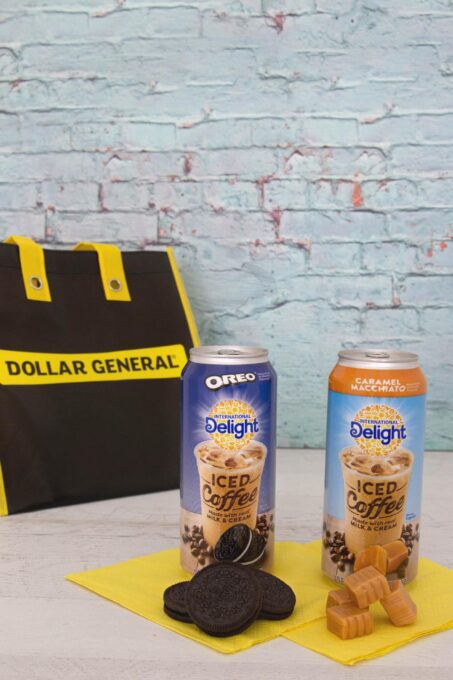 International Delight cans with candy and cookies and Dollar General bag