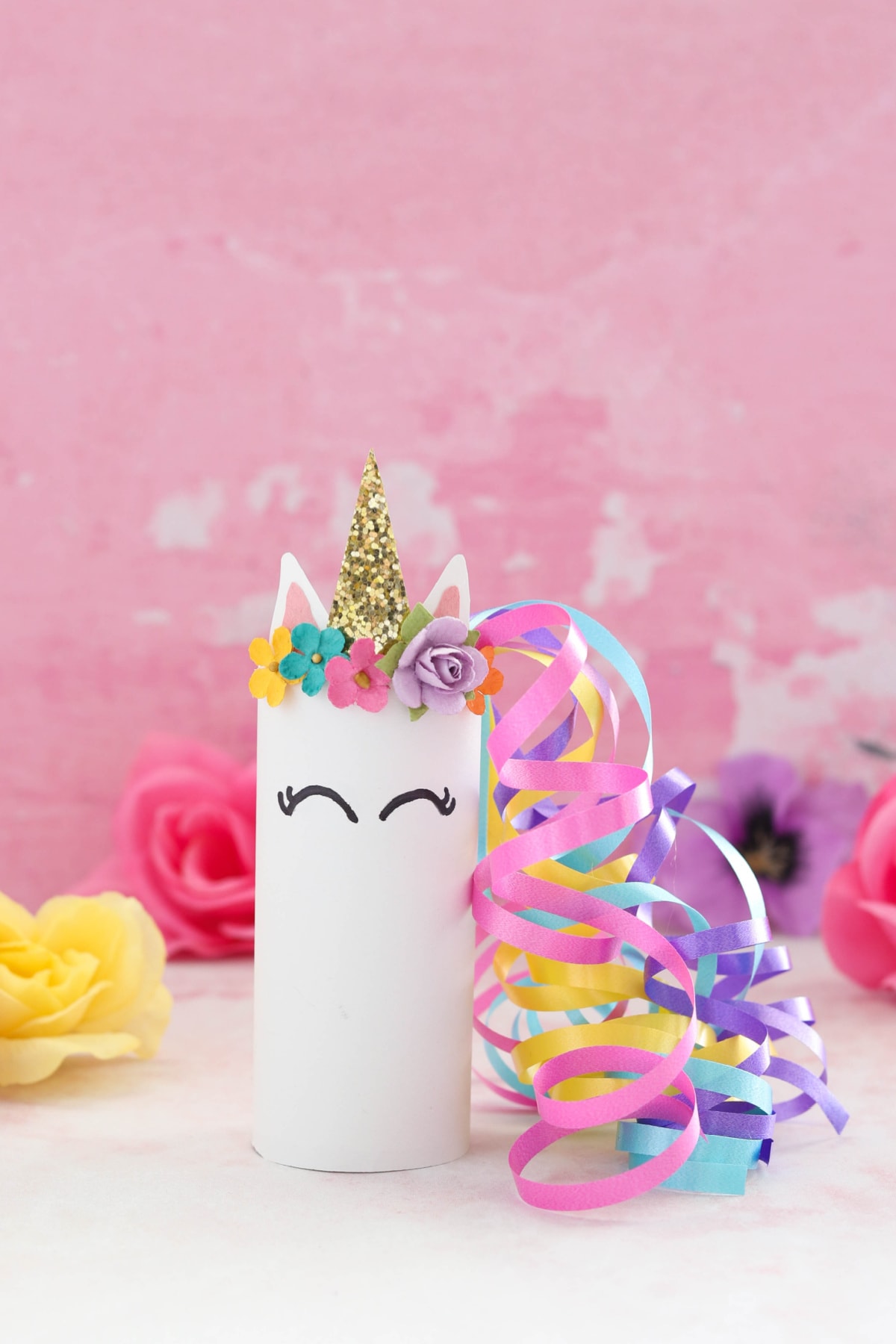 Unicorn toilet paper roll craft with flowers