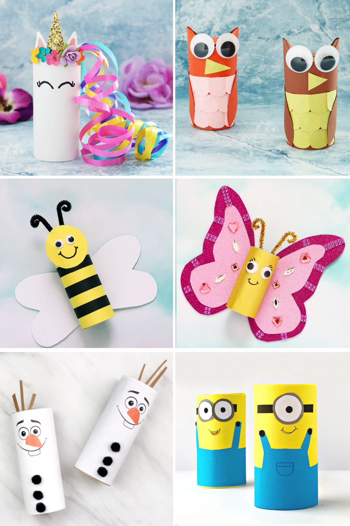 A collage of toilet paper roll crafts for kids.