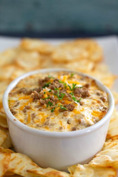Cheesy sausage dip with chips