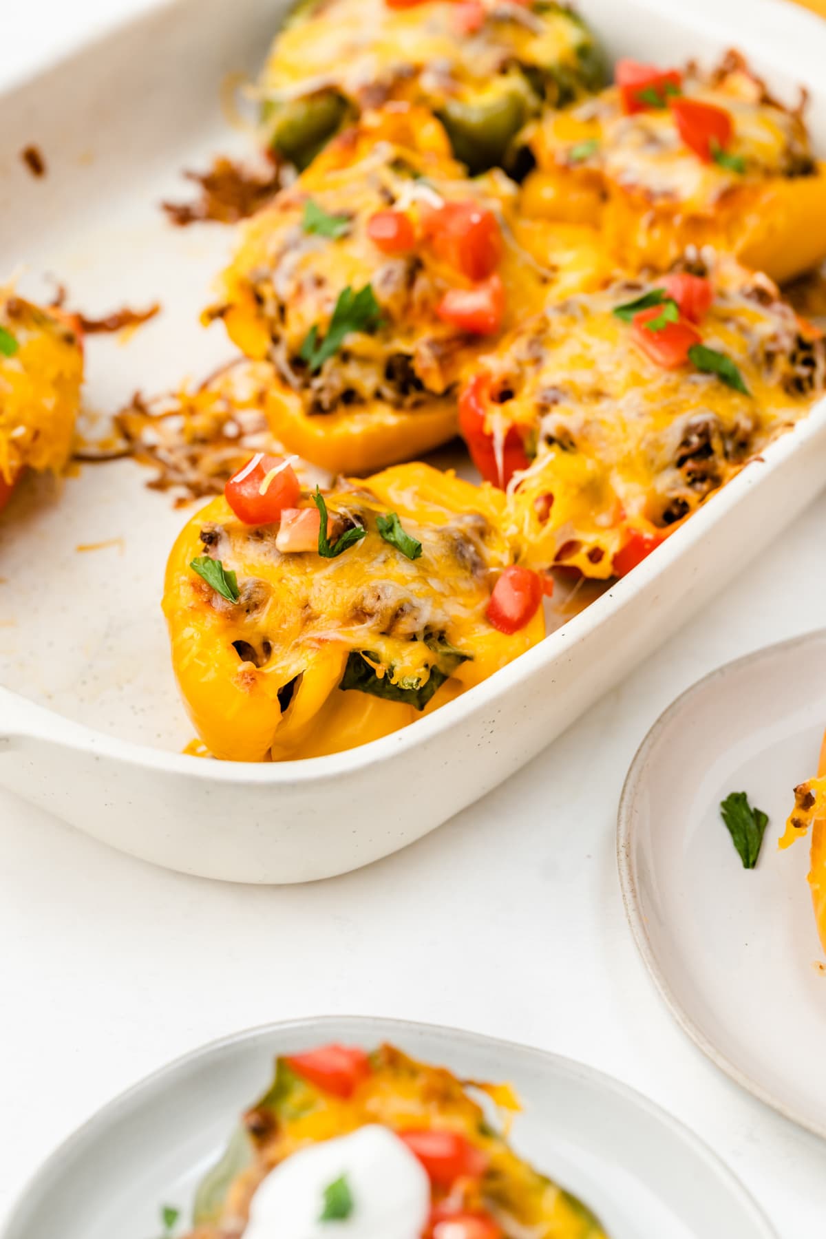 Casserole dish with taco stuffed peppers