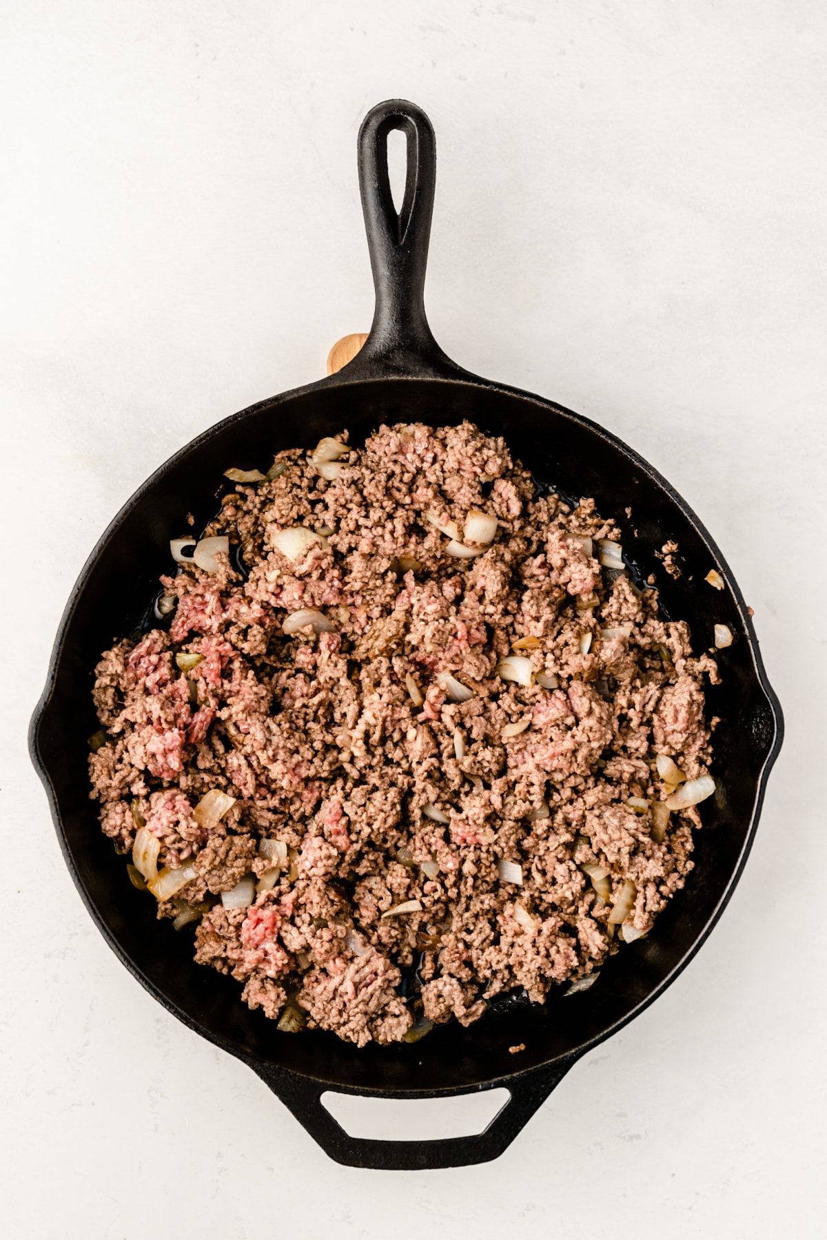 Skillet with ground beef and onions