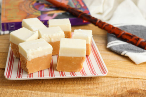 Butterbeer fudge on red striped plate