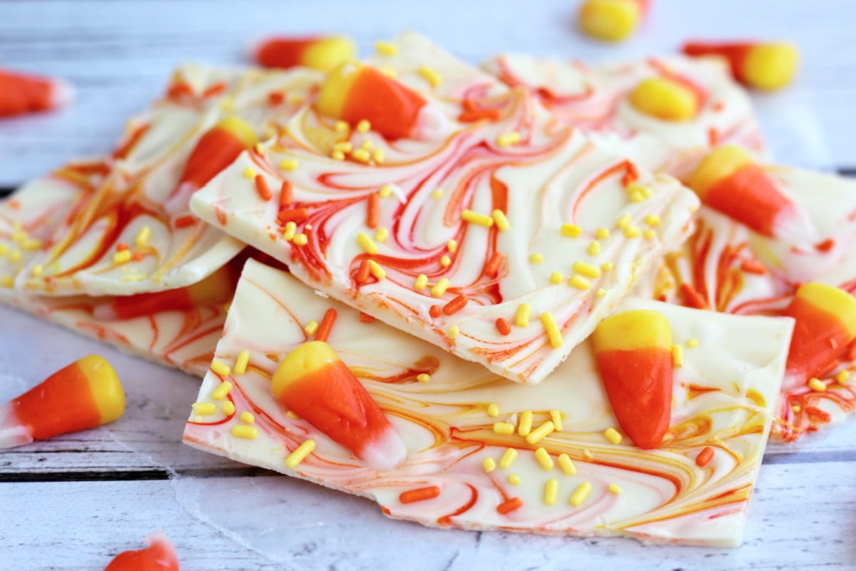 Candy corn bark on wooden surface
