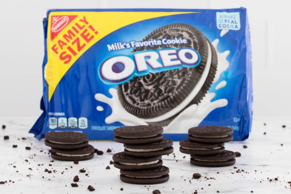 Oreo cookies with Oreo bag in background