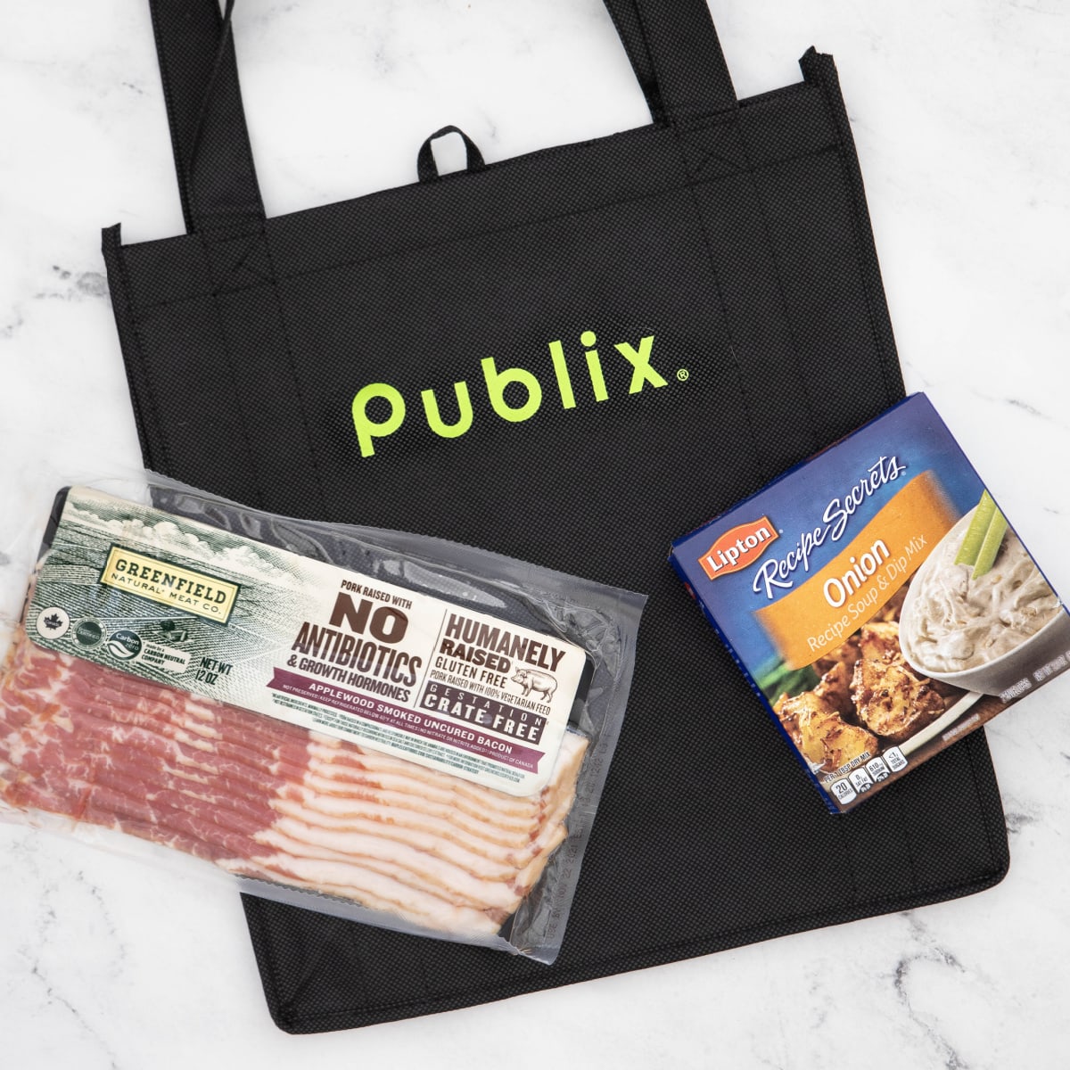 Publix bag with Greenfield Bacon and Lipton Recipe Secrets