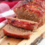 Bacon Wrapped Meatloaf on cutting board