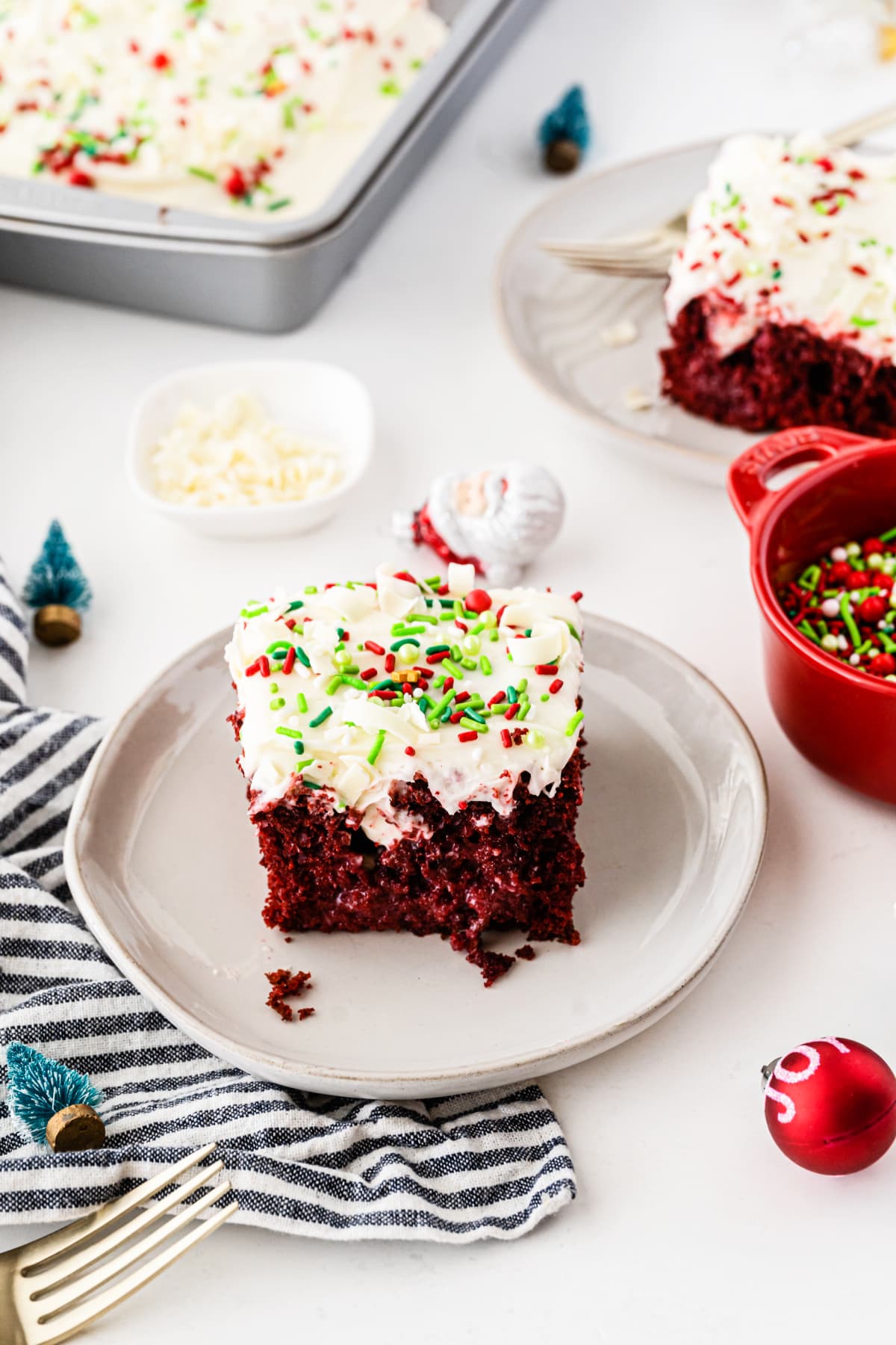 Red velvet cake with Christmas toppings