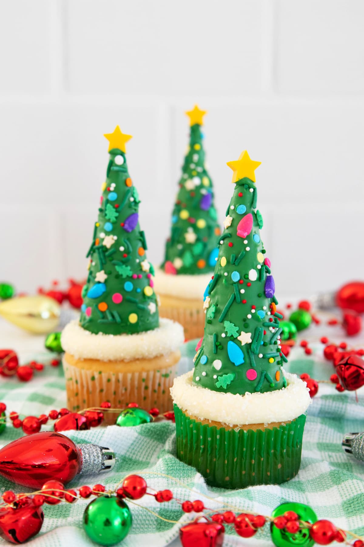 Three cupcakes with ice cream cone Christmas trees