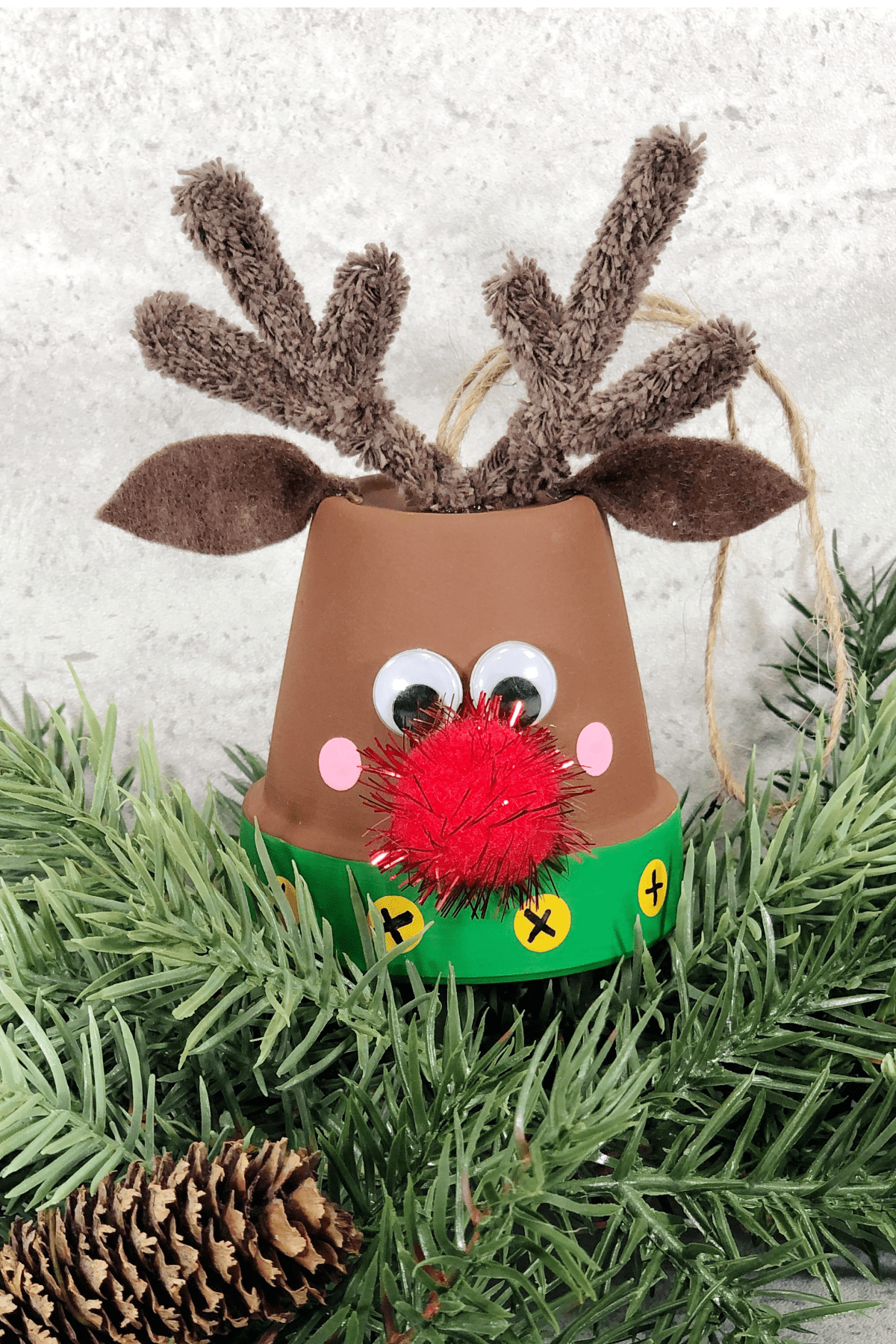 Clay pot reindeer ornament on pin branch