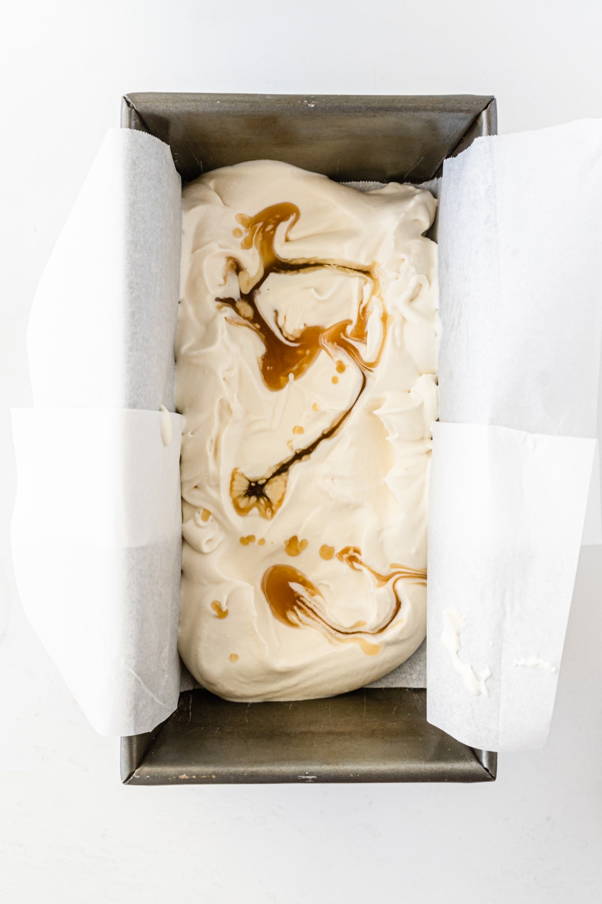 Ice cream mixture with butterscotch sauce