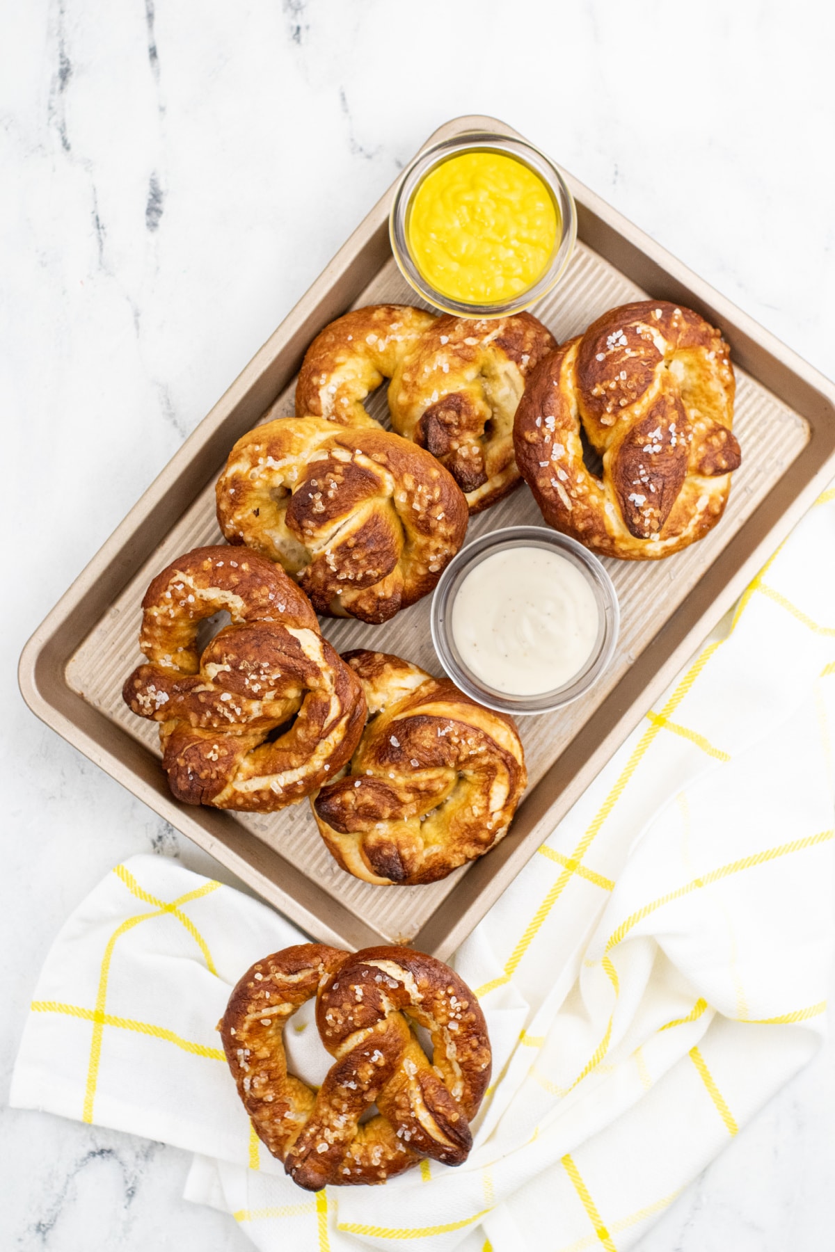 Soft pretzels with dipping sauces 