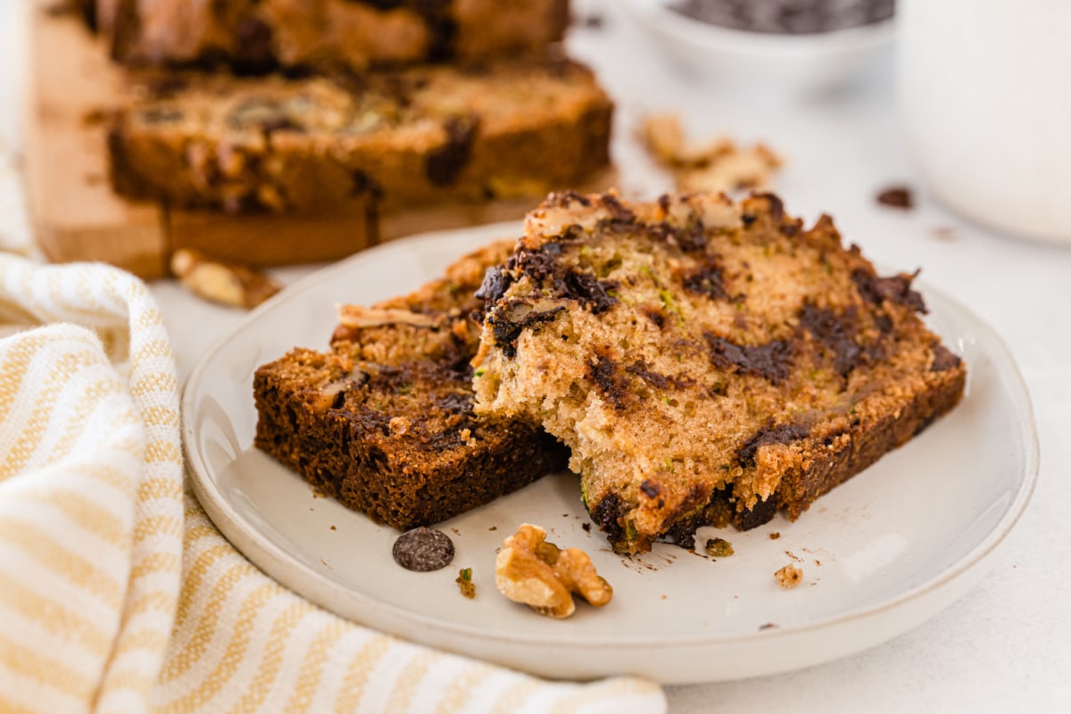 Slices of chocolate chip zucchini bread up close