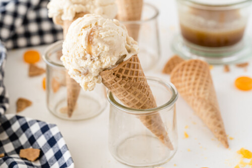 No-Churn Butterbeer Ice Cream in sugar cone