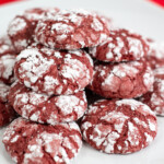 Red velvet crinkle cookies on white plate