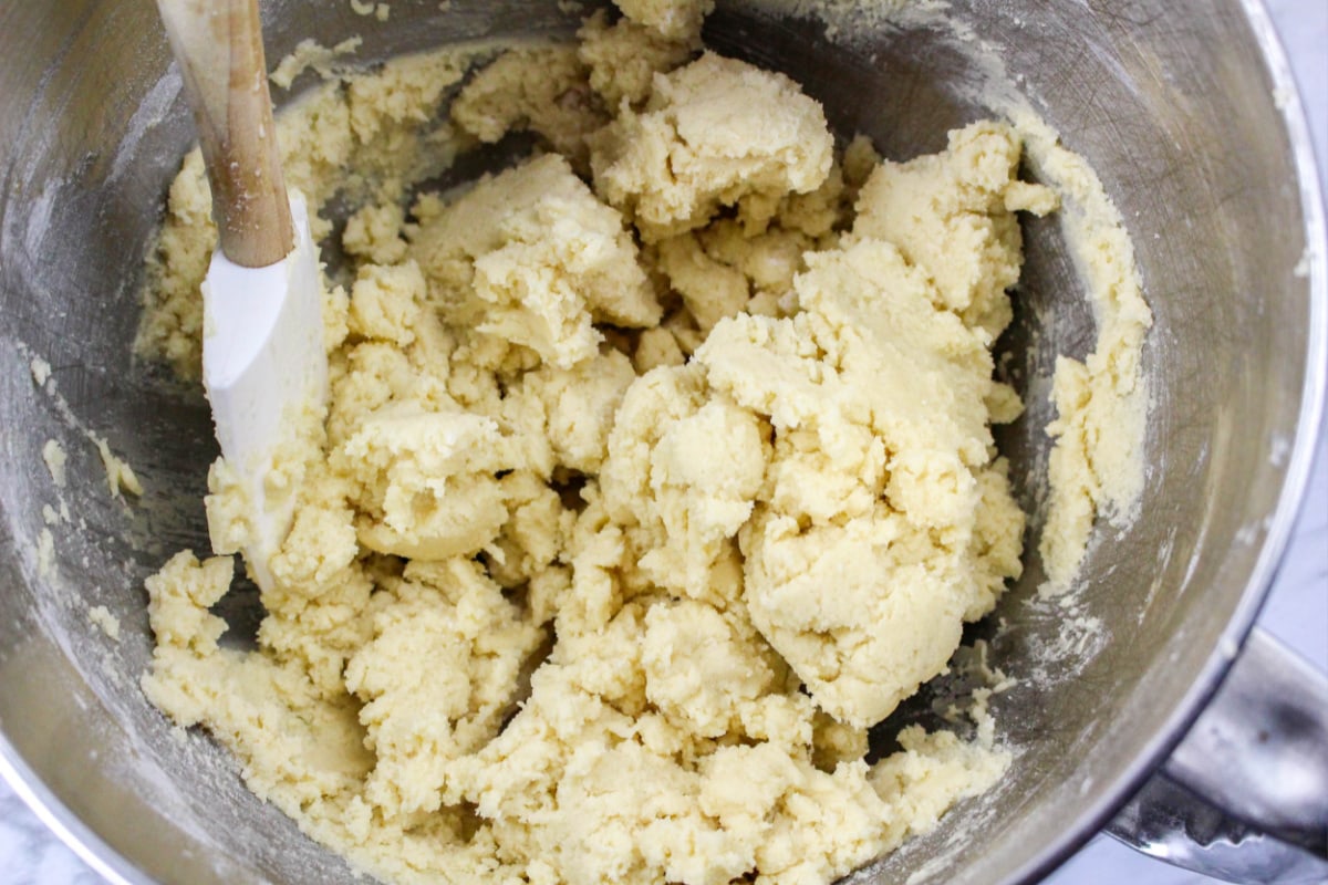 Mixing sugar cookie dough in bowl
