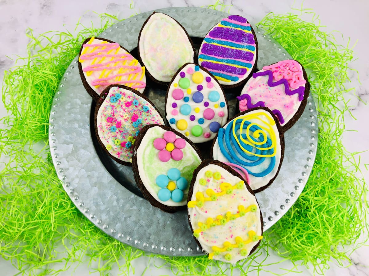 Easter Egg brownies on silver plate