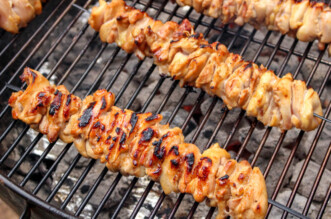 Grilled chicken kabobs on grill
