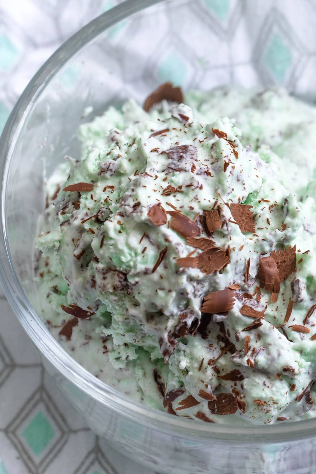 Mint Chocolate Chip Ice Cream in glass bowl