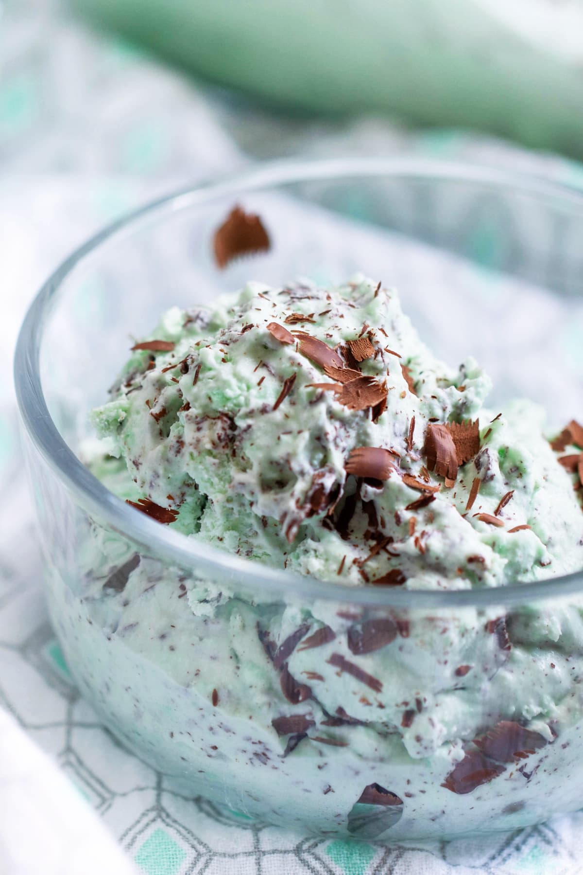Mint chocolate chip ice cream with shaved chocolate