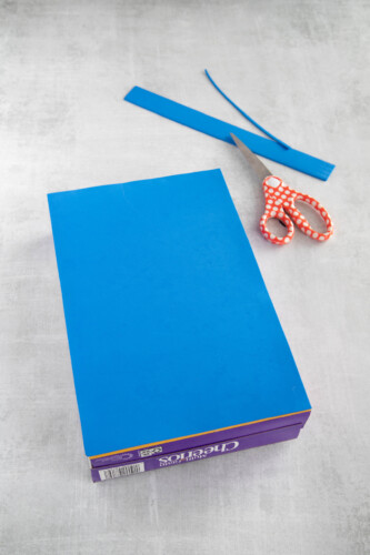 Cereal box with blue craft foam attached to the back