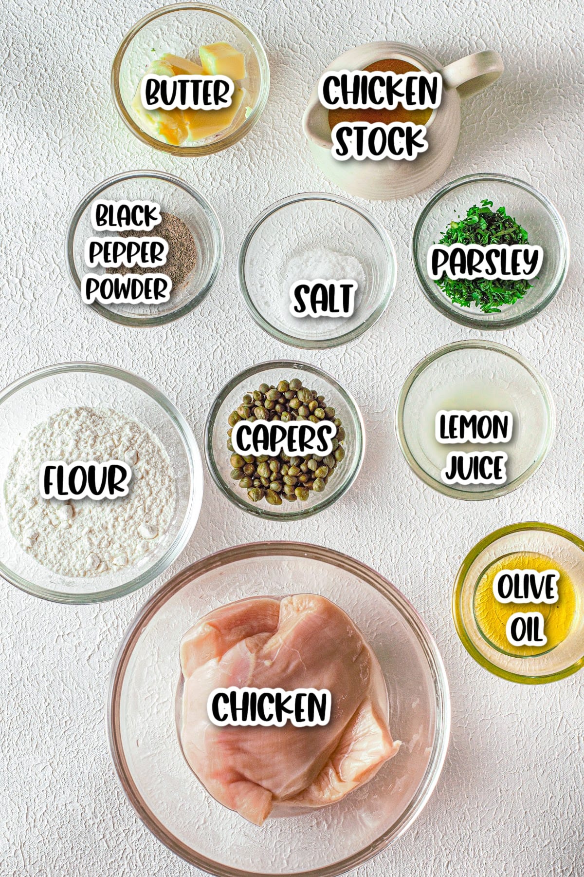 Chicken Piccata Recipe Ingredients On White Background