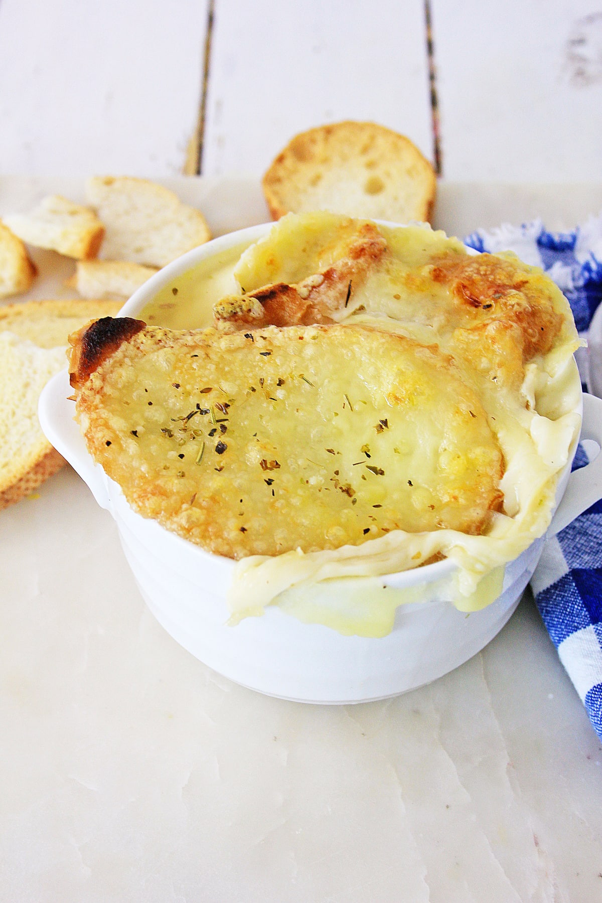 French onion soup without wine in ceramic bowl