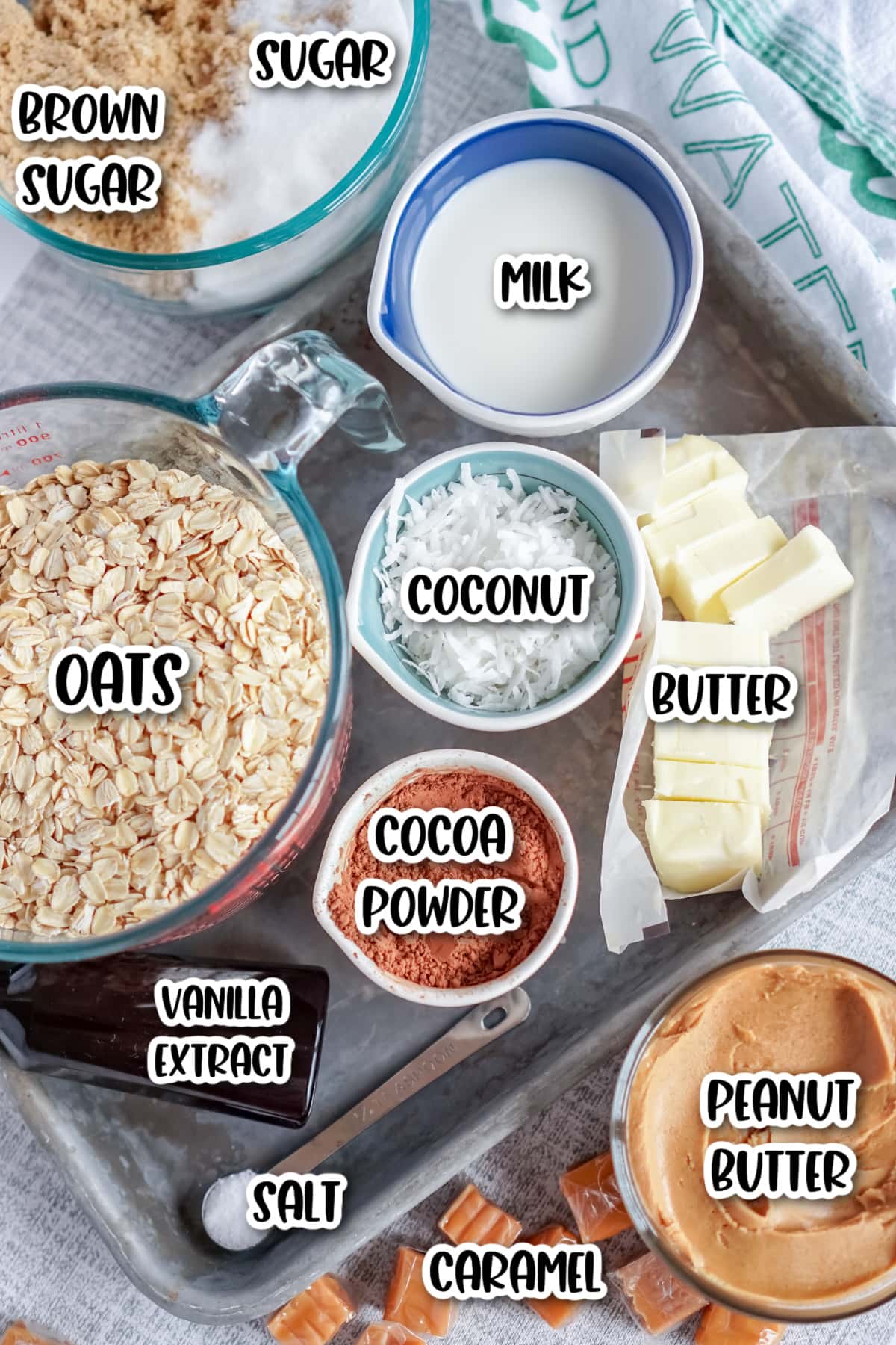 Ingredients for peanut butter and coconut no bake cookies