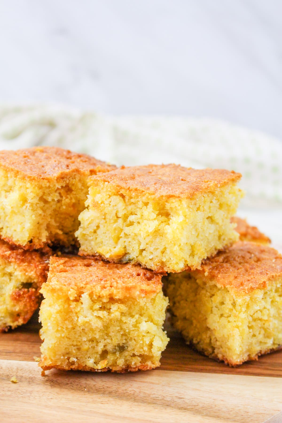 Mexican cornbread cut in squares and stacked