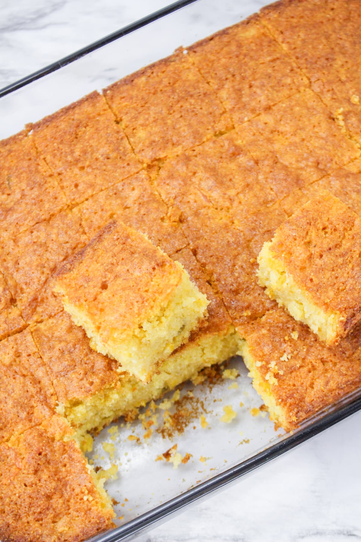 Mexican cornbread in pan cut into squares