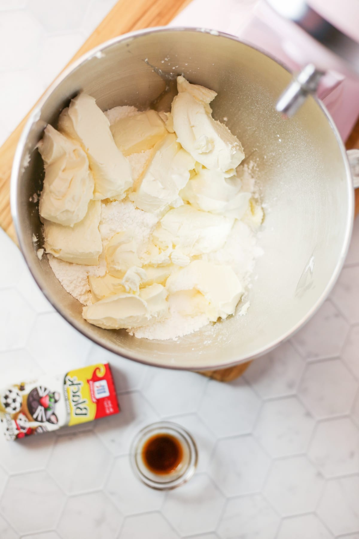 Ingredients for frosting in mixing bowl