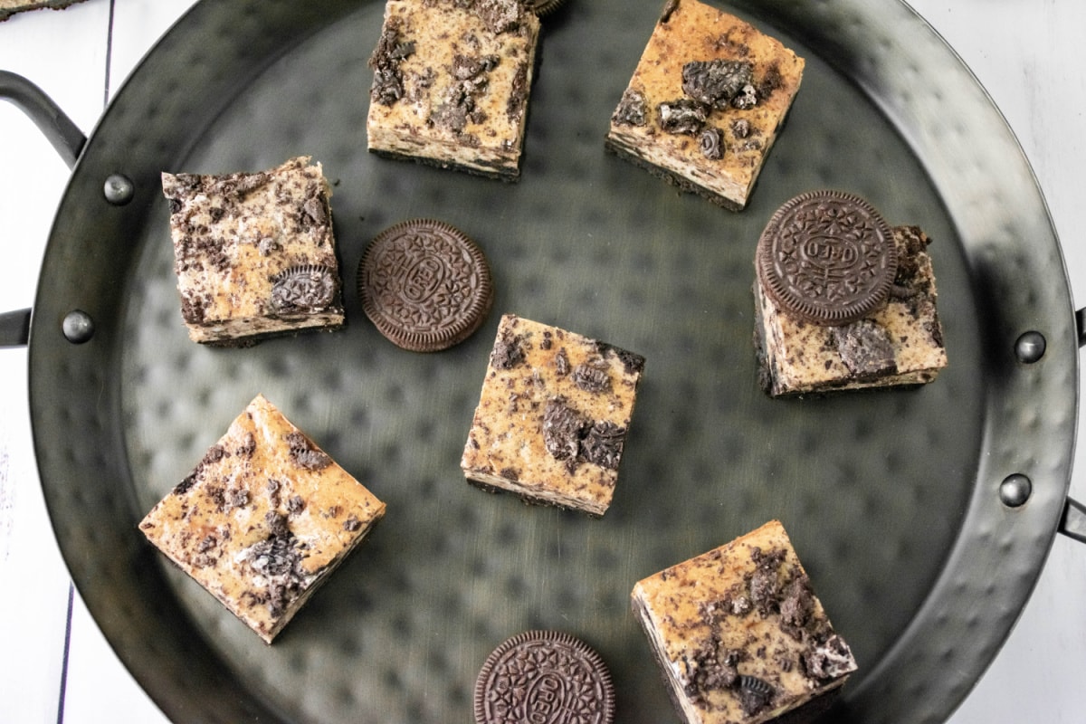 Oreo cheesecake bars cut into squares