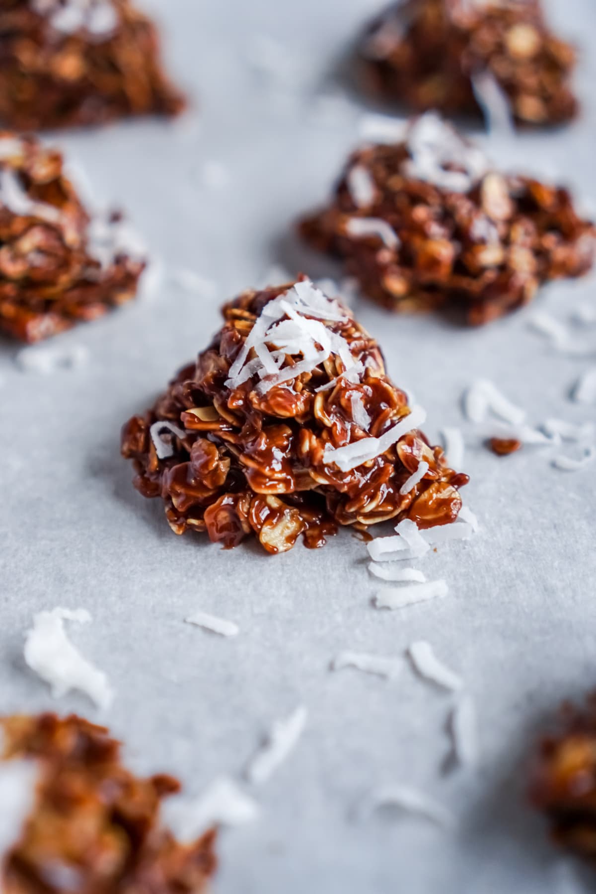 No baked cookies topped with shredded coconut