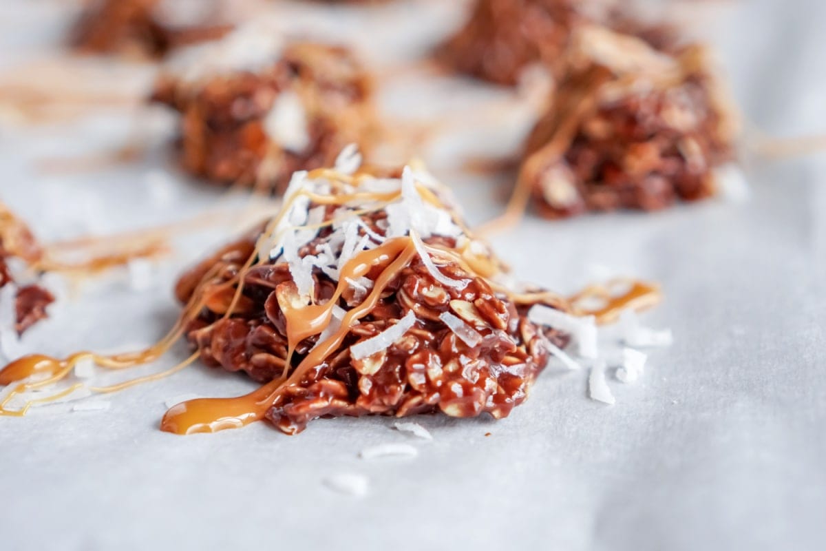 Peanut Butter and Coconut No Bake Cookies drizzled with caramel