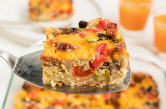 Sausage Egg And Cheese Breakfast Casserole on spatula