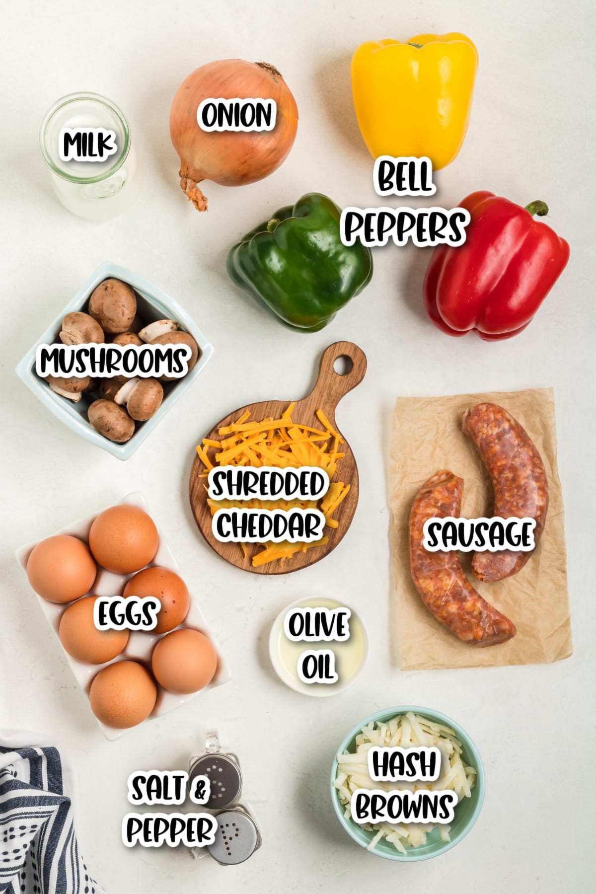 Ingredients for breakfast casserole with sausage eggs and cheese