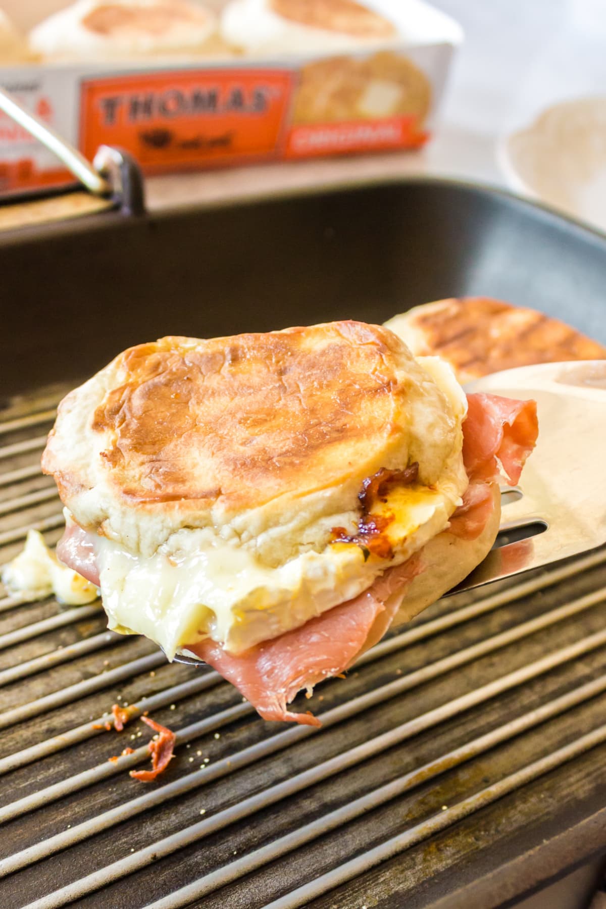Brie and prosciutto grilled cheese on a spatula