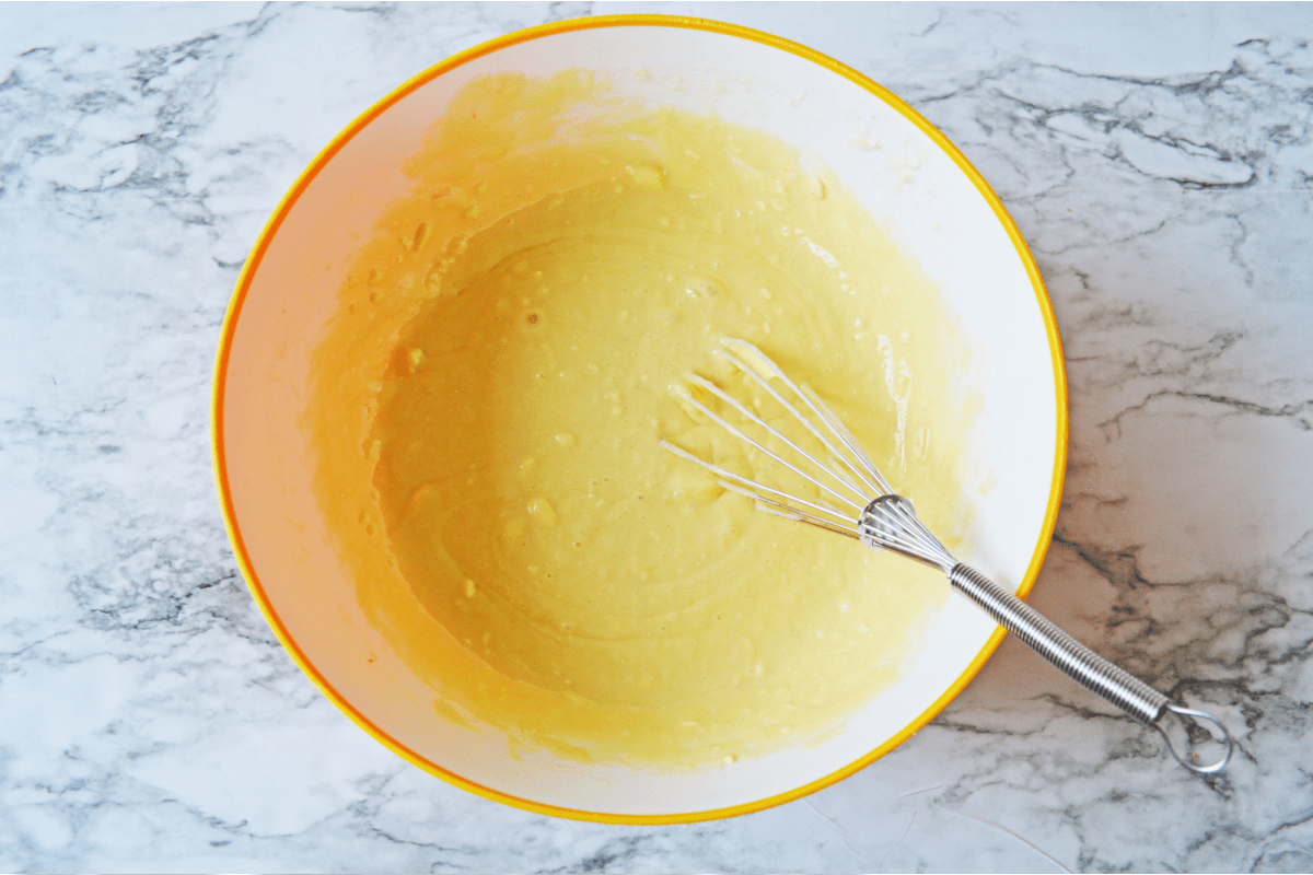 Butter and eggs whisked with cake mix