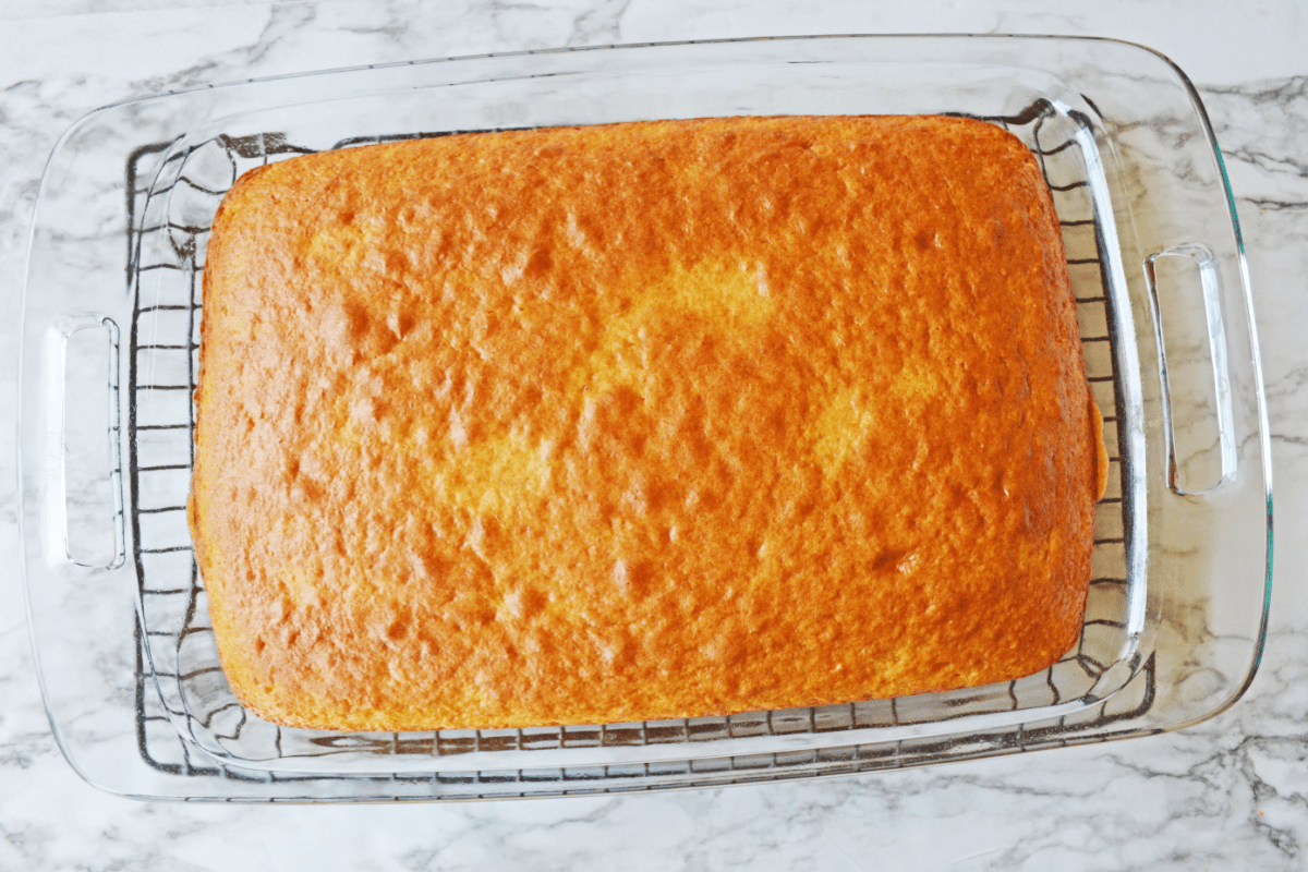 Baked cake in glass baking dish