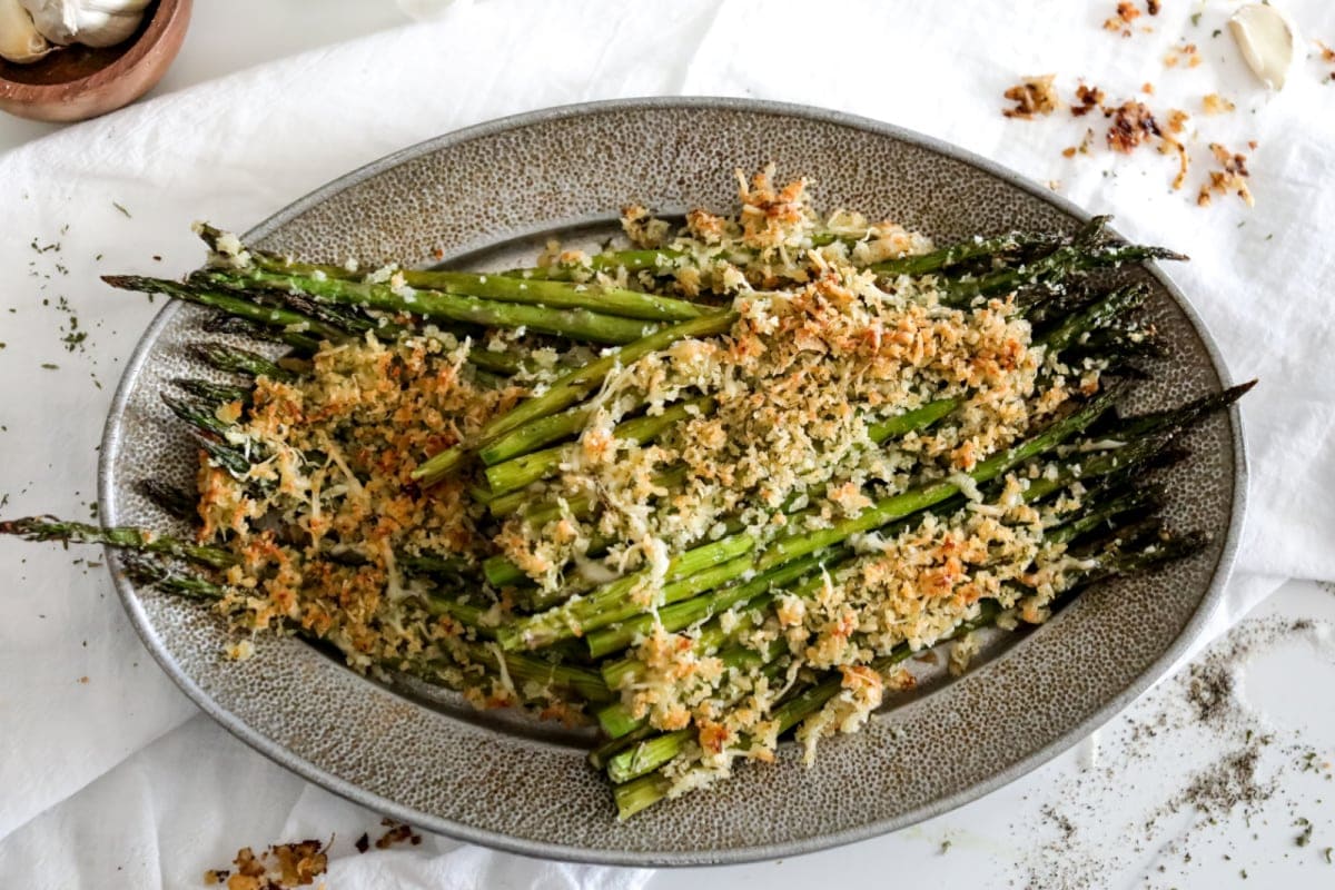 Asparagus on silver serving platter