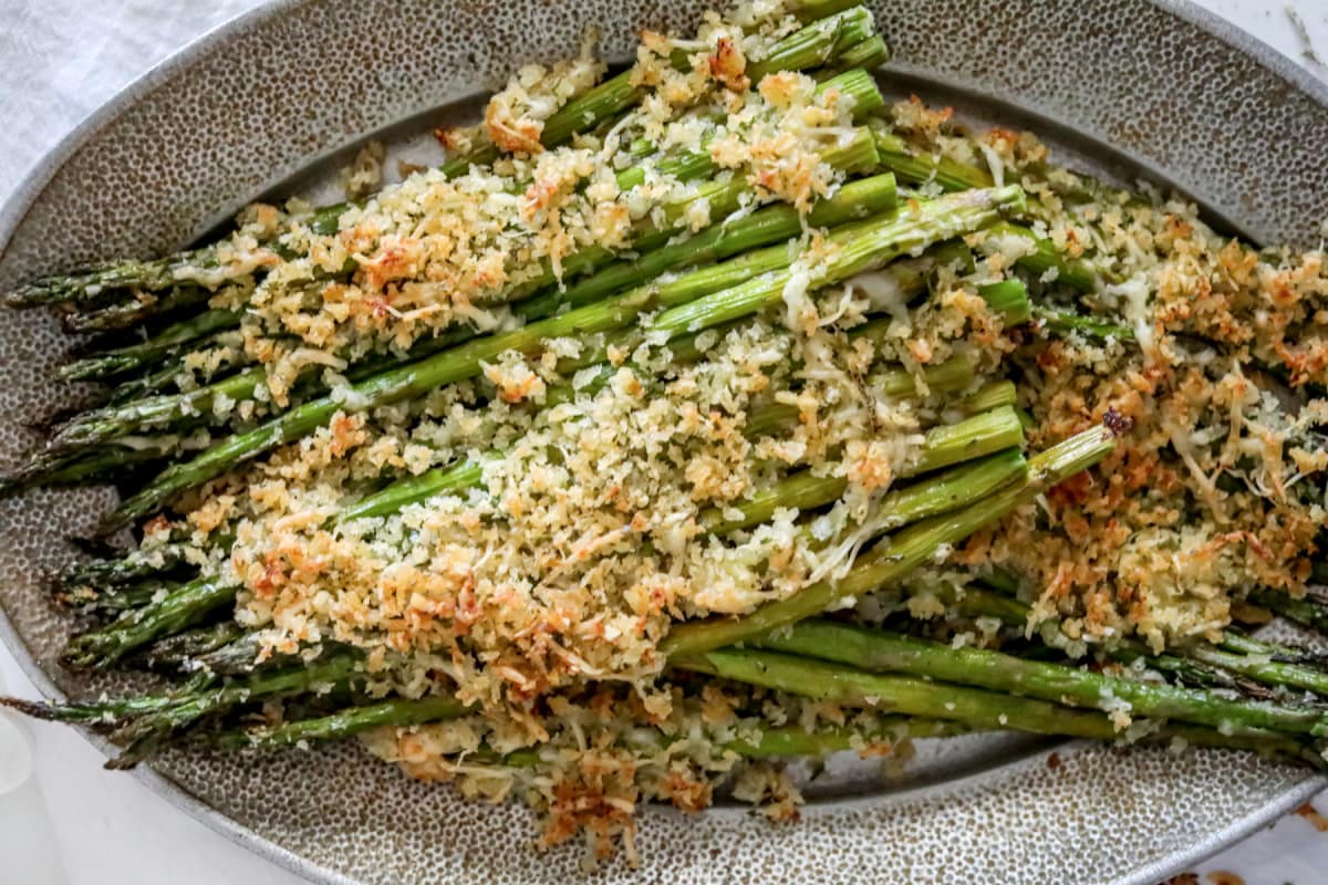 Garlic Parmesan Asparagus on silver platter