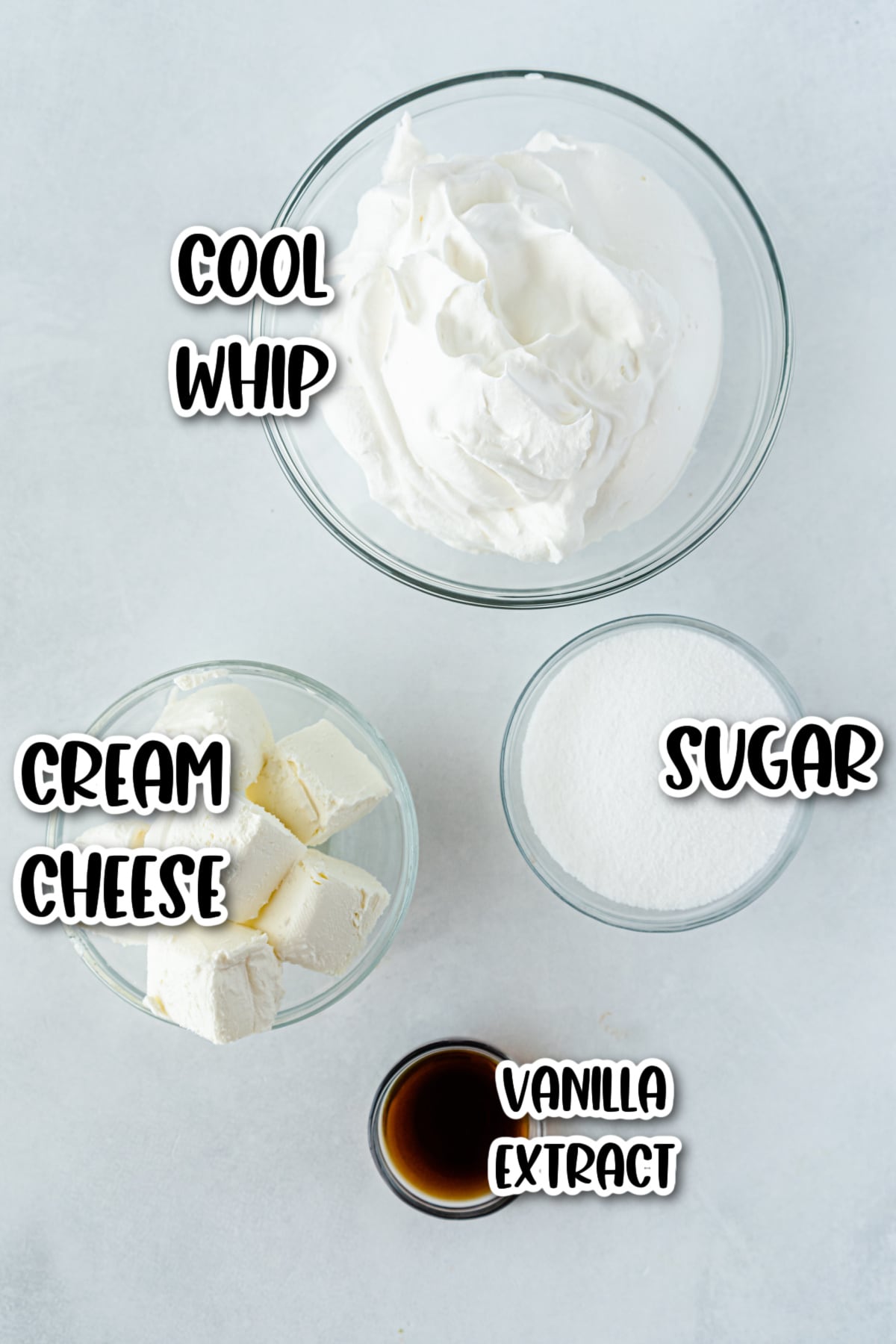 Ingredients for Cool Whip Cheesecake labeled