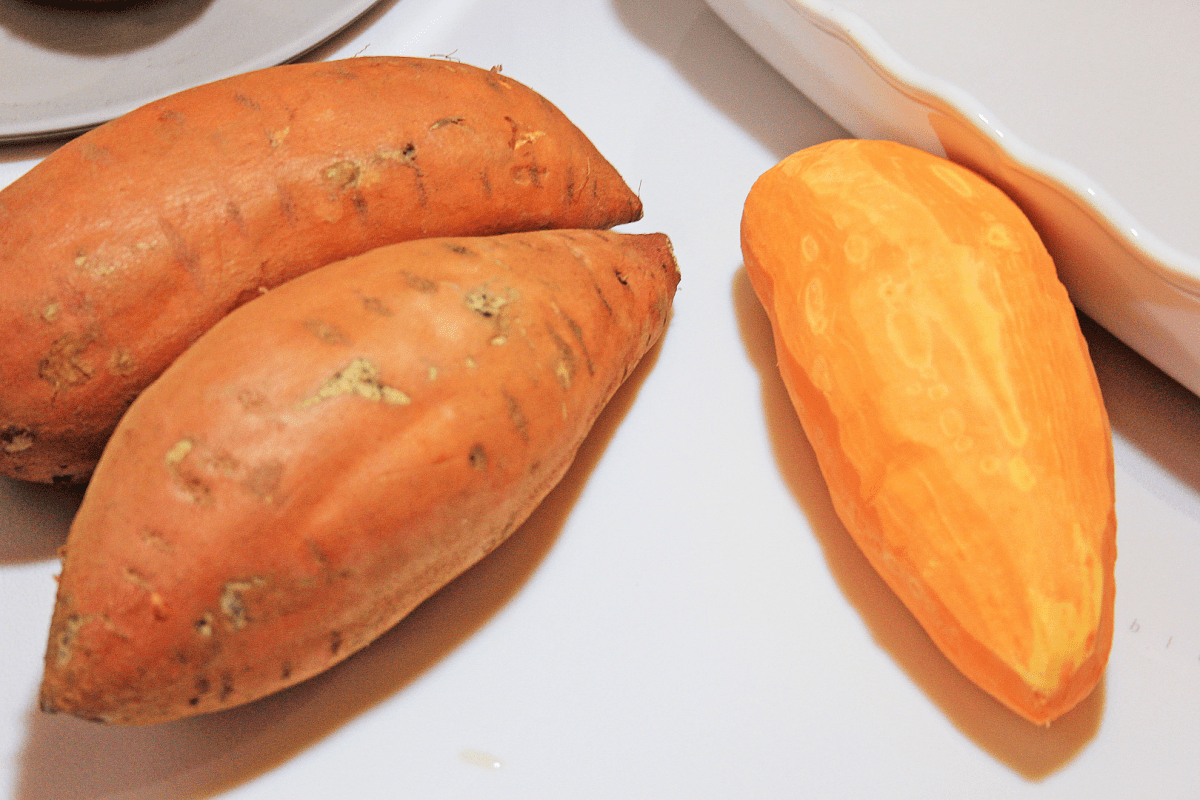 Sweet potatoes with one peeled