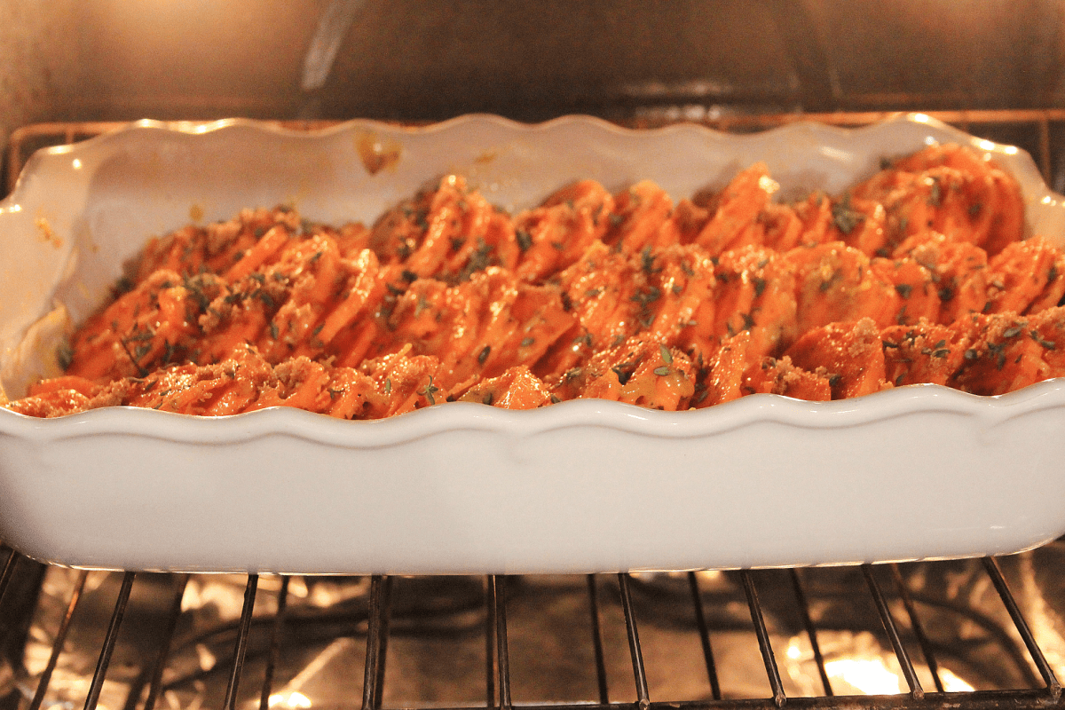 Roasted sweet potato slices in oven