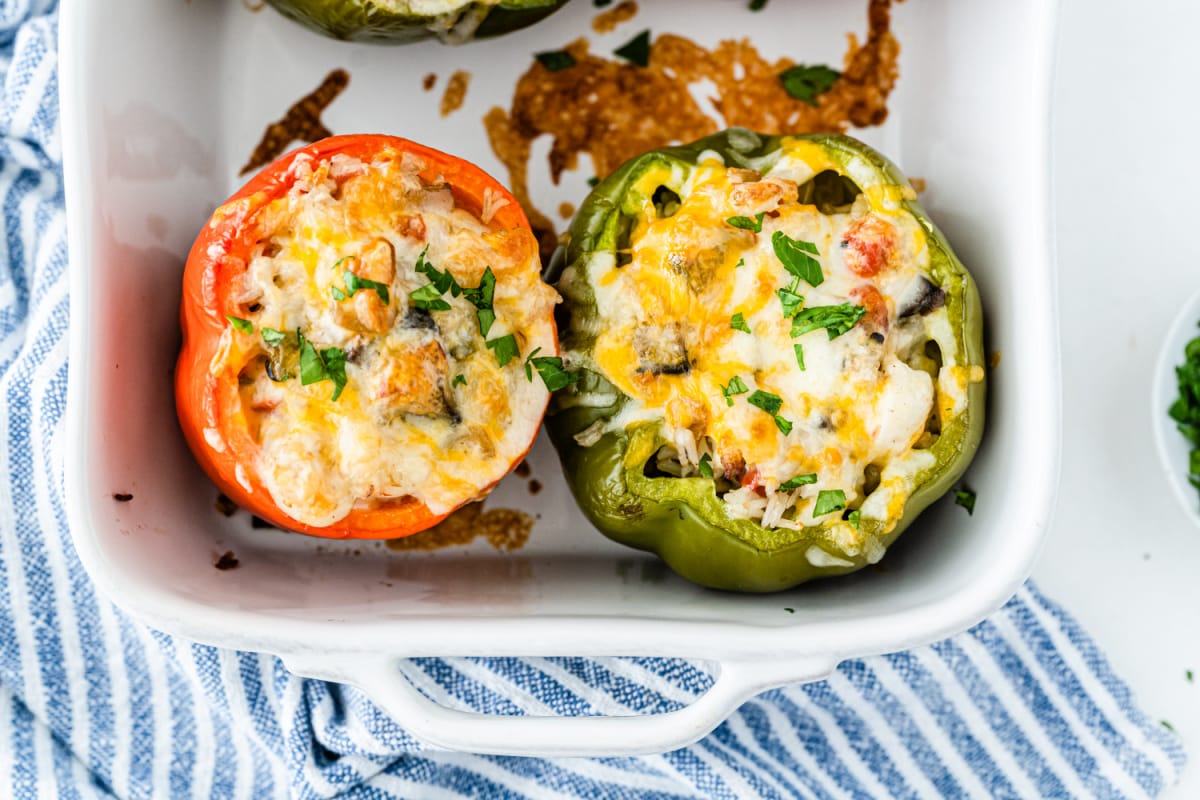 Red and green shrimp stuffed peppers from above