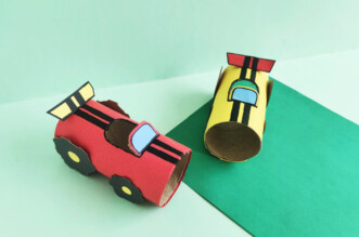 Toilet Paper Roll Race Cars on green background