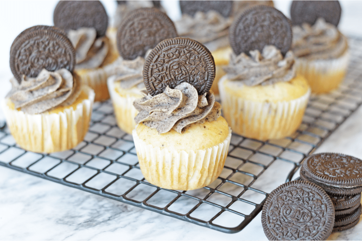 Oreo cupcakes on cooling rack