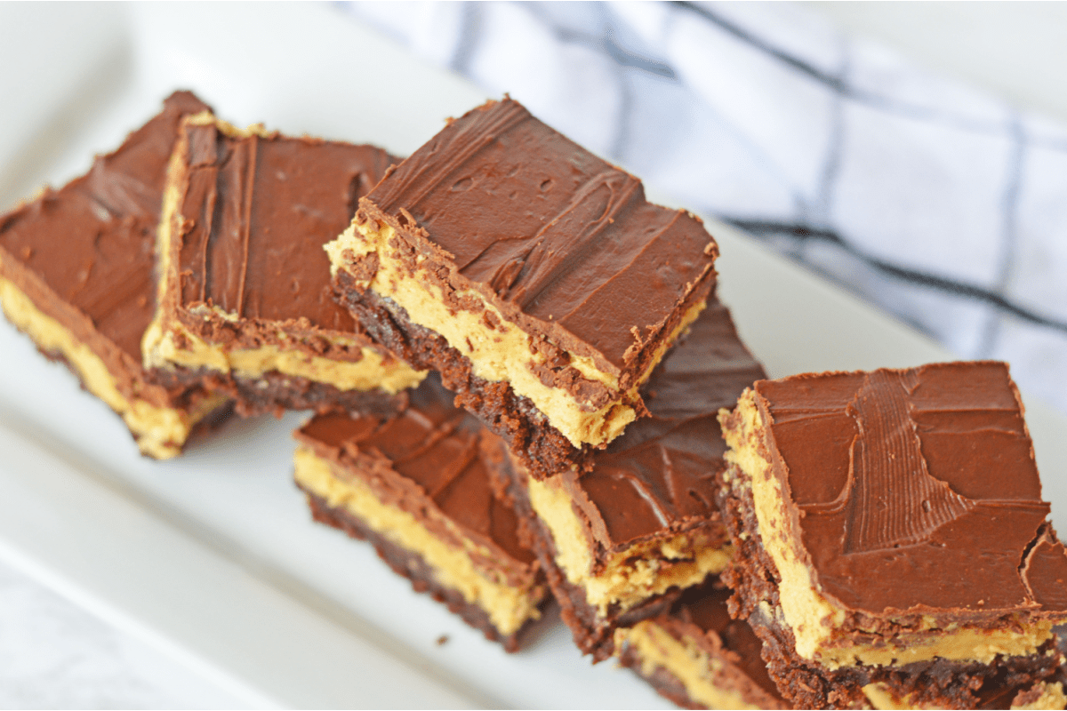Buckeye Brownies stacked on plate from above