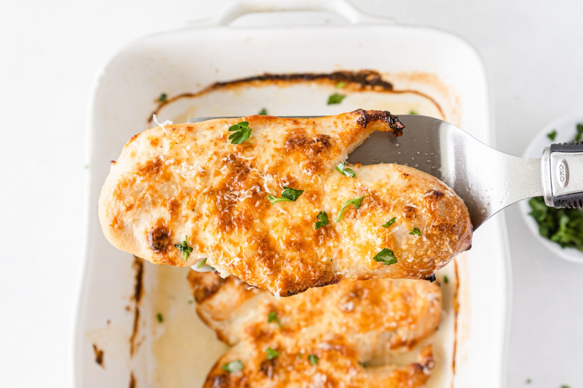Parmesan Crusted Chicken With Mayo on a spatula
